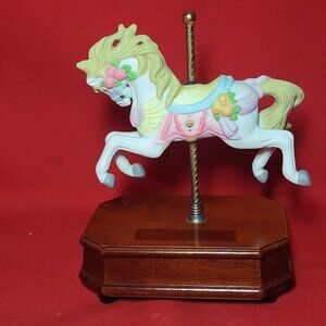 Musical Carousel Horse Bisque Porcelain Wood Base Plays Wind Beneath My Wings